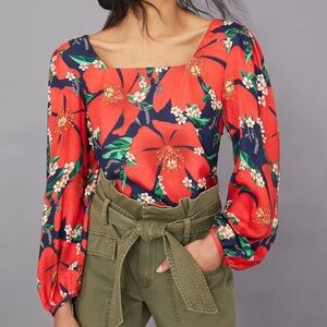 🆕 NWT Anthropologie | FARM Rio Anouk Red HibiscusTropical Floral Puff Sleeve Top